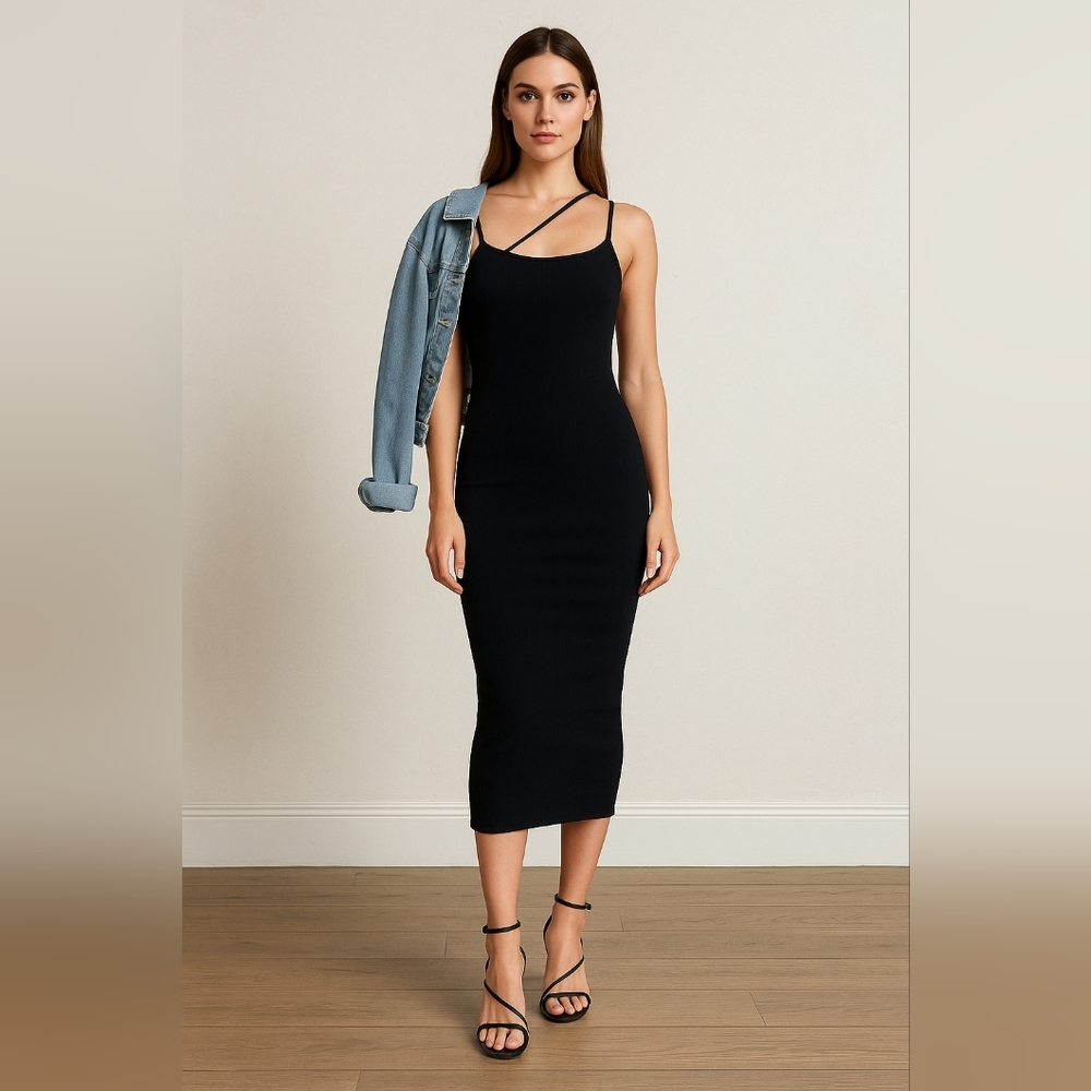 Elodie Black Ribbed 3 Strap Bodycon Midi‎ Dress L Minimalist 90s City LBD